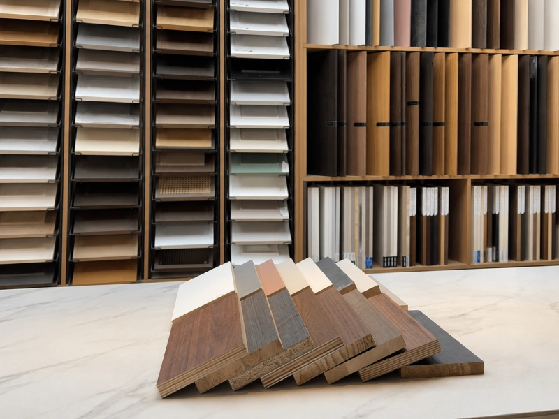 Kitchen cabinet material samples and door finish options that affect cabinet cost.