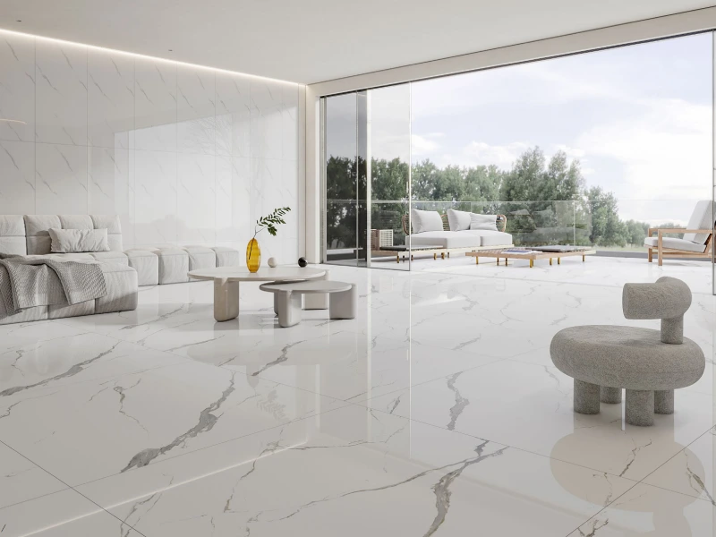 Bright interior with large white stone-look tiles on the floor and walls