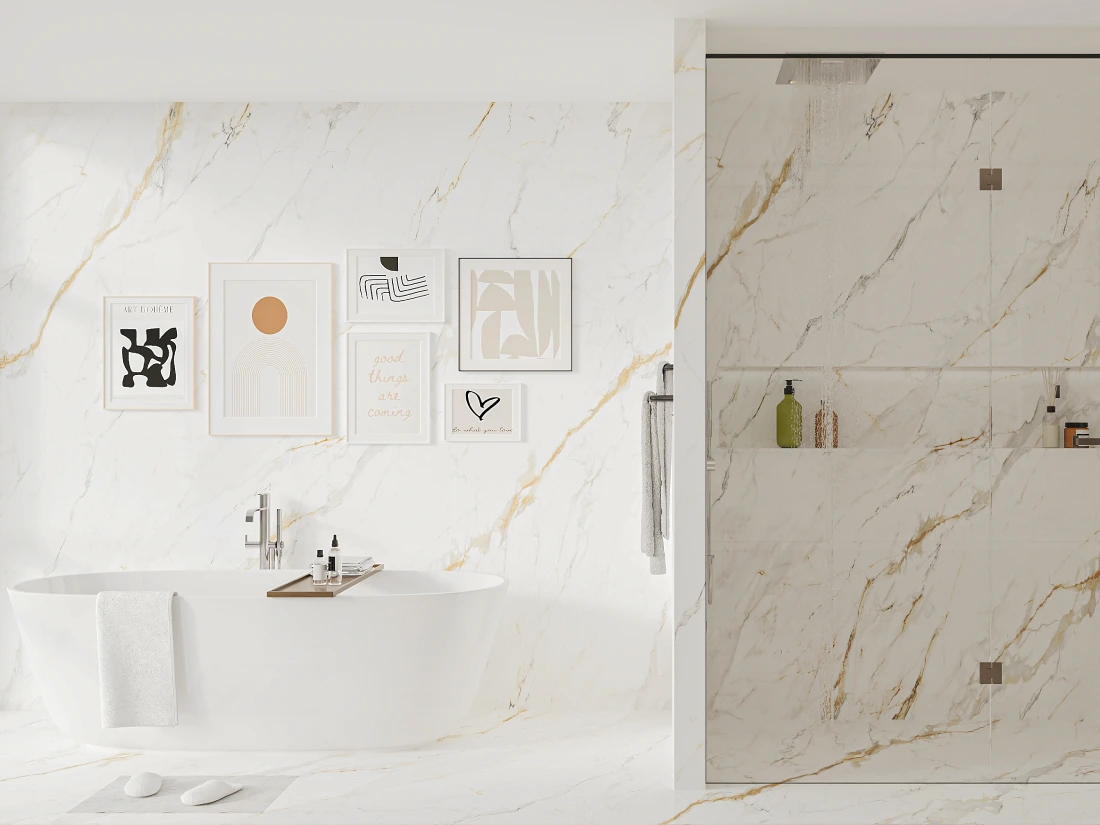 Sanitary ware catalog preview showing a freestanding bathtub and shower enclosure