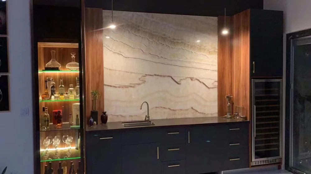Apartment kitchen with stone backsplash detail