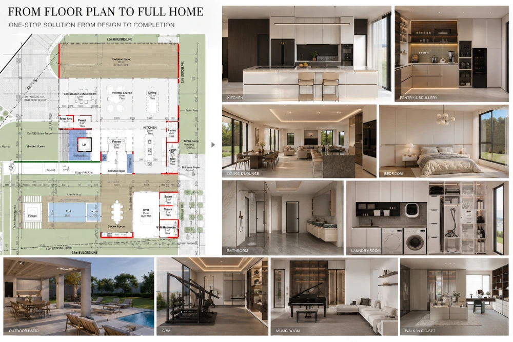 George Group whole-villa design example with floor plan 2D layout 3D interior views exterior render and finished home reference