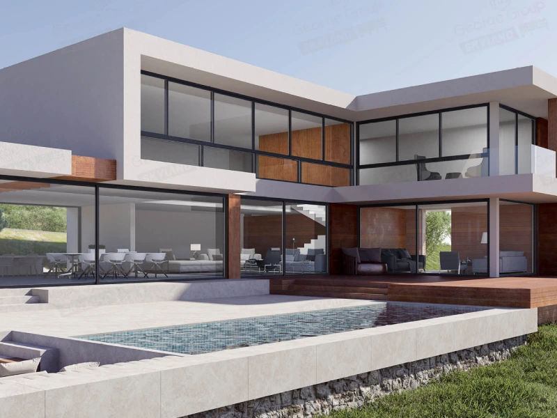 Modern house with large aluminium-framed windows and sliding glass doors